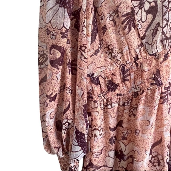 New! O.P.T. Boho Floral Metallic Long Sleeve Mini Dress - Picture 7 of 10